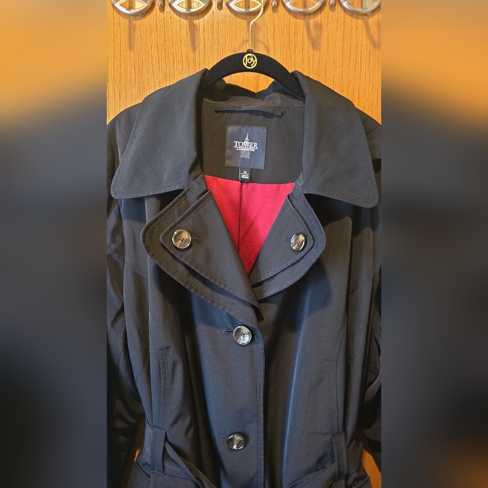 Plus Size 3X Tower By LONDON FOG Black Trench Coat Removeable Hood WORN ONCE - Picture 3 of 6